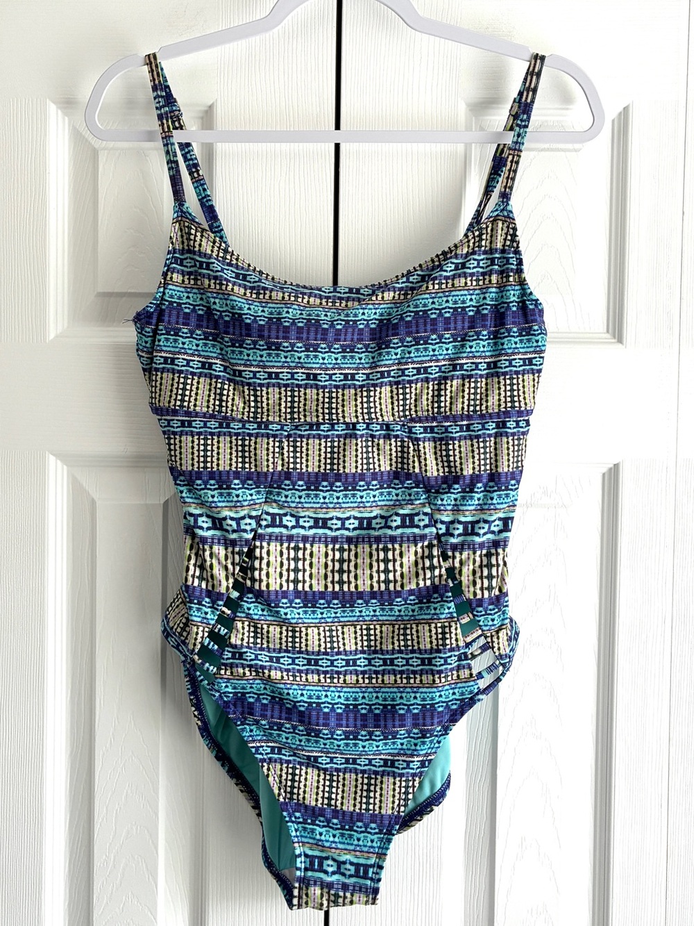 La Blanca One Piece Swimsuit 12 Blue Tribal Print Cutout Boho Cruise Resort Wear